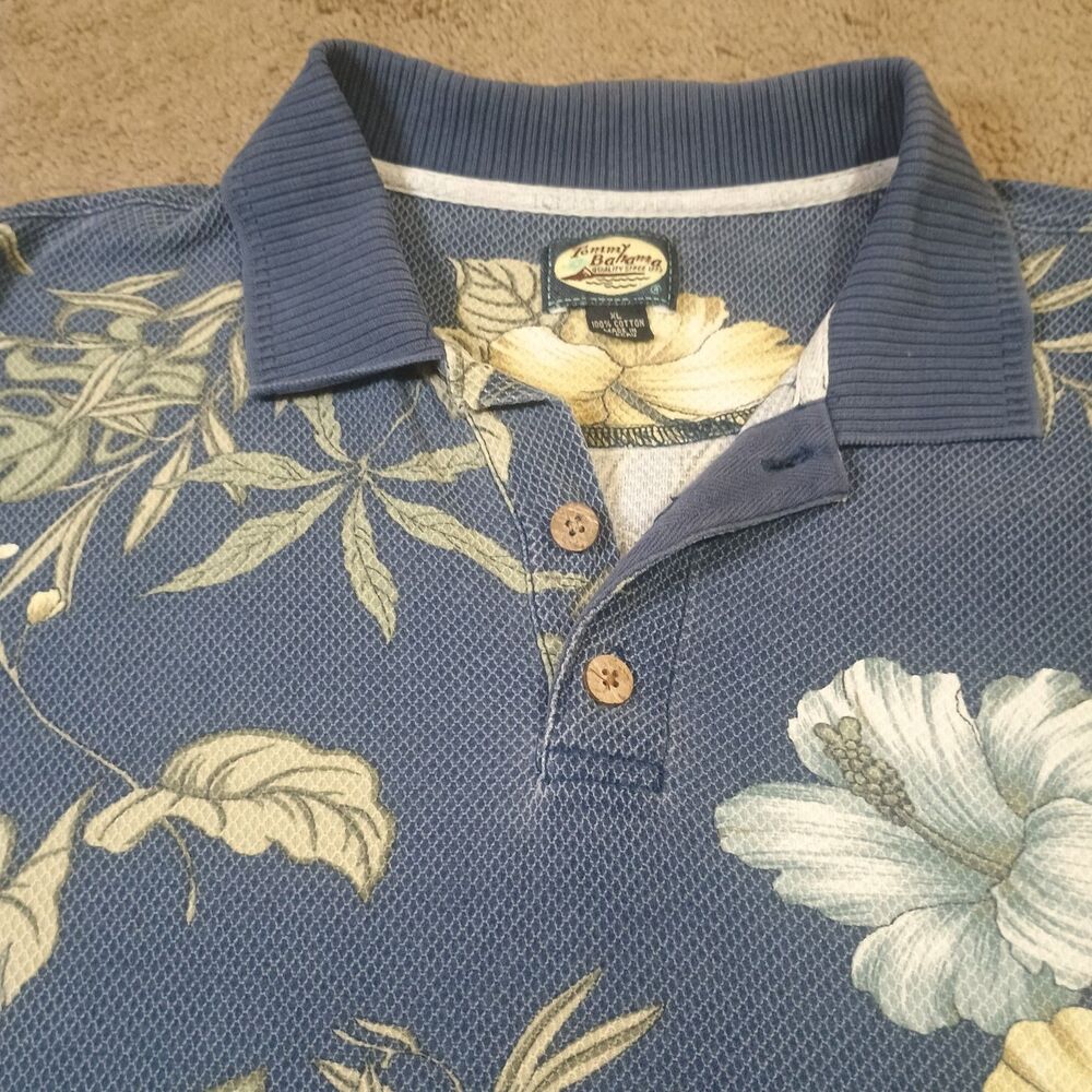 Tommy Bahama Polo Shirt Mens XL Floral Blue‎ Tropical Hibiscus Palm Leaf Cotton